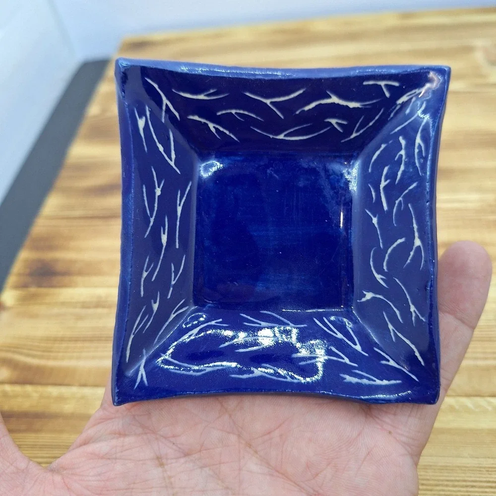 X2 Artisan Blue Dipping Sauce Tray‎ Trinket Oil Butter Pat 3.5